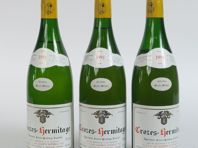 3 BOUTEILLES CROZES HERMITAGE BLANC FAYOLLE - 1991 - 1 à 3 CM/1 à 3,5 