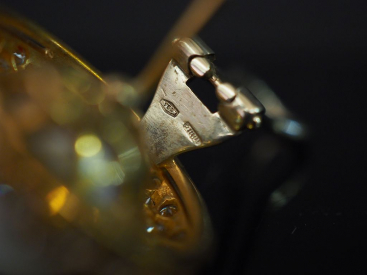 MIKAWA. Paire de perce oreilles, perles entourées de trois lignes de d