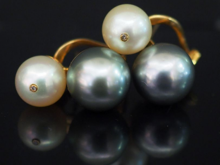 Paire de perce oreilles en or et perles. Poids tel : 11,29 g