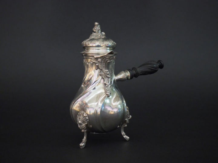 LAPAR. Verseuse en argent Napoléon III manche ébène.  Poids : 335 g