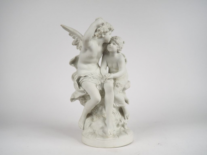 Auguste MOREAU (d'après). "l'ange et la jeune fille" Groupe en biscuit