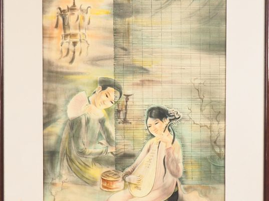 TU DUYEN "la leçon de musique à la lanterne"  Encre et couleur sur soi