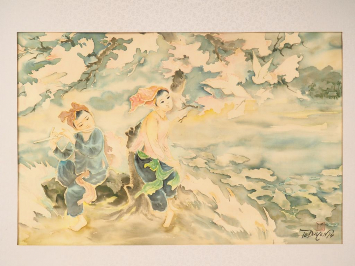 TU DUYEN "Joueur de flute avec une jeune fille"  Aquarelle sur soie, s