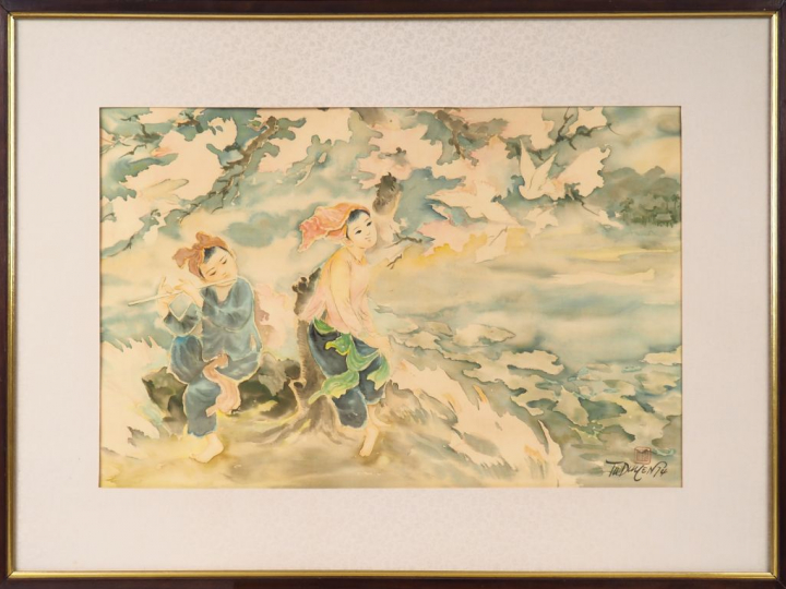 TU DUYEN "Joueur de flute avec une jeune fille"  Aquarelle sur soie, s