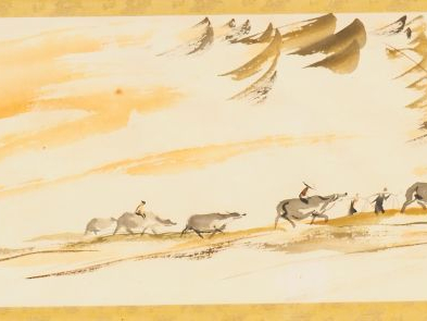 TU DUYEN "retour des champs" Aquarelle sur soie, signée en bas à gauch