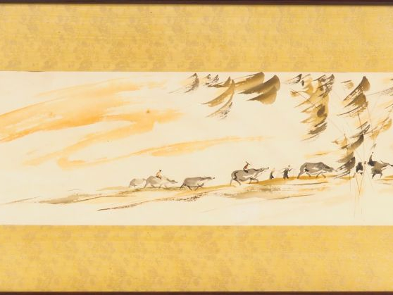 TU DUYEN "retour des champs" Aquarelle sur soie, signée en bas à gauch