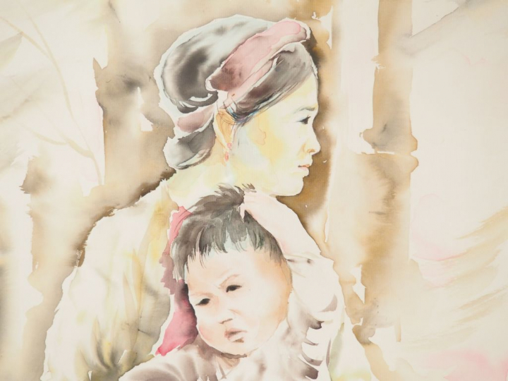 TU DUYEN. "l'attente".   Aquarelle signée en bas à droite  Dim. 44 x 7