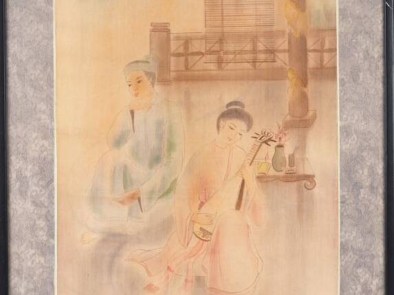 LE TUNG "Scène galante". Aquarelle sur soie, signée en bas à droite  6