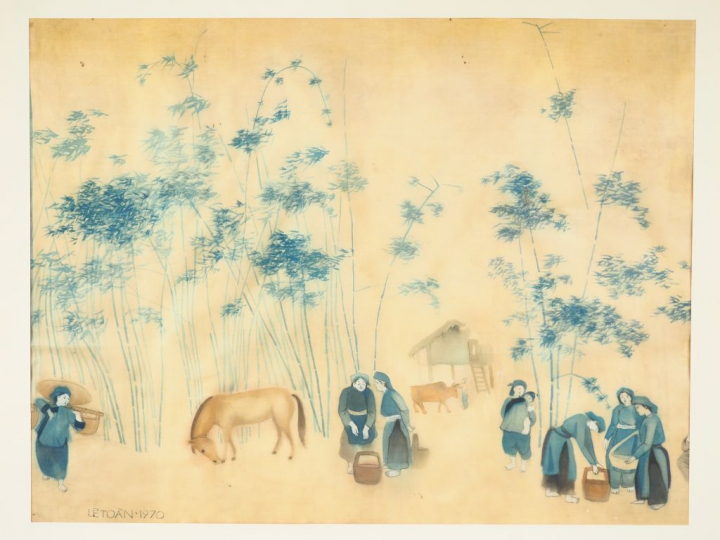 LE TOAN "Vie quotidenne au village". Aquarelle sur soie, signée en bas