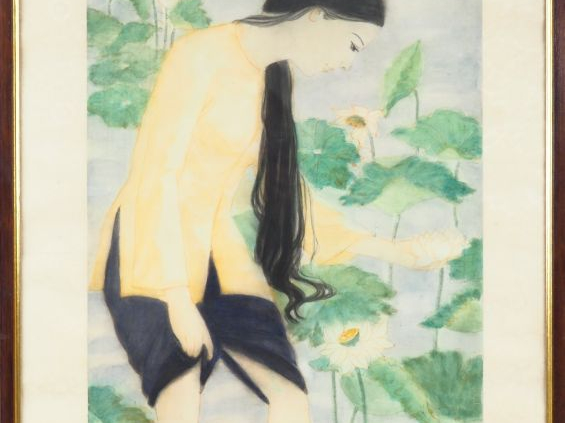 HOANG.  Ecole vietnamienne "Jeune femme admirant le lotus" Aquarelle s