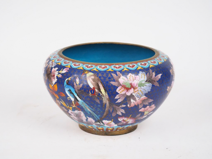 Bassin en émaux cloisonnés sur cuivre, décor polychrome d'oiseaux foha