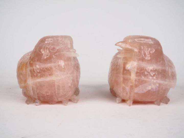 Couple de cailles en quartz rose  Chine vers 1960  long. 16 cm