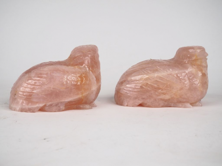 Couple de cailles en quartz rose  Chine vers 1960  long. 16 cm