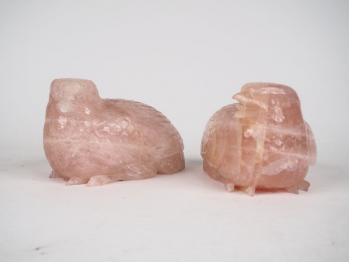 Couple de cailles en quartz rose  Chine vers 1960  long. 16 cm