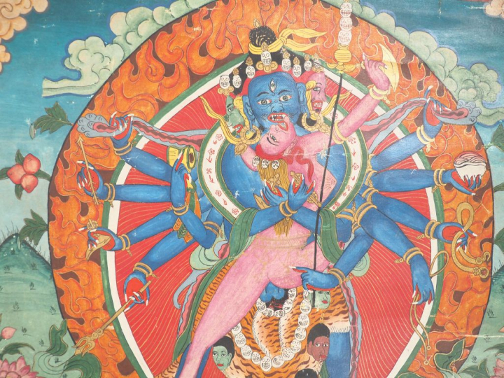 Thangka représentant une divinité tantrique enlassant sa çakati Tibet 