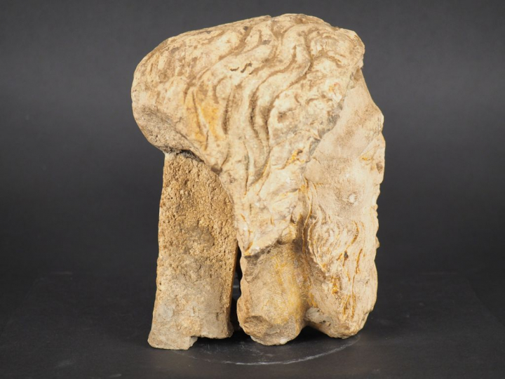 	Tête de saint ou d’apôtre en pierre calcaire sculptée en ronde bosse.
