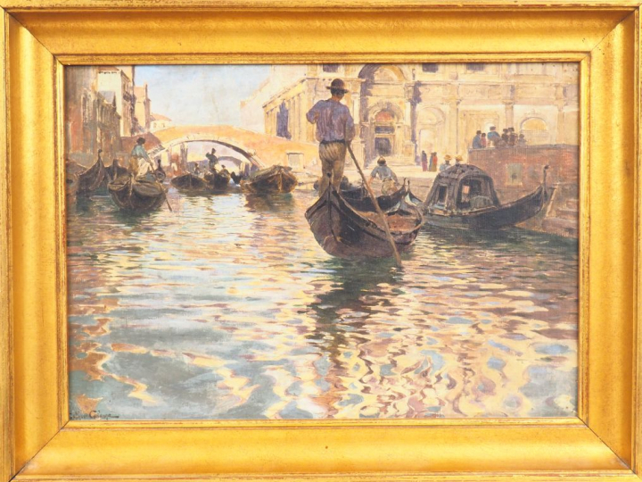 Arthur CALAME. "Gondoles à Venise". Huile sur carton, signée en bas à 