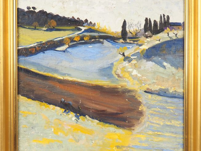 Jean Emile LAURENT. "Paysage à la rivière". Huile sur toile, signée en