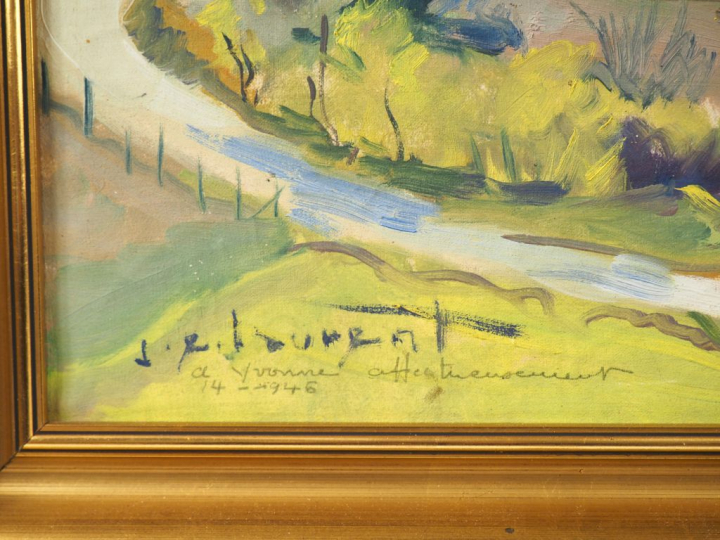 Jean Emile LAURENT. "Vue de village". Huile sur isorel, signée en bas 