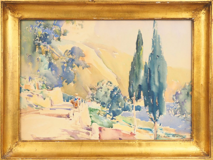 Paul Emile LECOMTE. "Paysage d'Italie". Aquarelle sur papier signée en