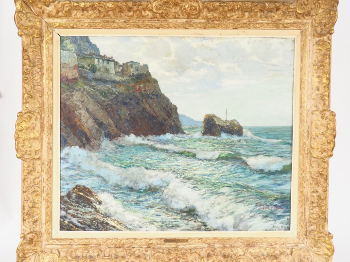 Giuseppe SACHERI. "Cote rocheuse". Huile sur carton signée en bas à dr