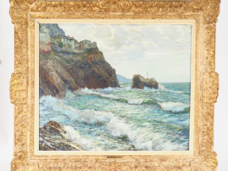Vente aux enchères Giuseppe SACHERI. "Cote rocheuse". Huile sur carton signée en bas à dr