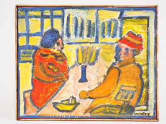 Vente aux enchères Joannès VEIMBERG. "Diner aux chandelles". Huile sur toile, signée en b