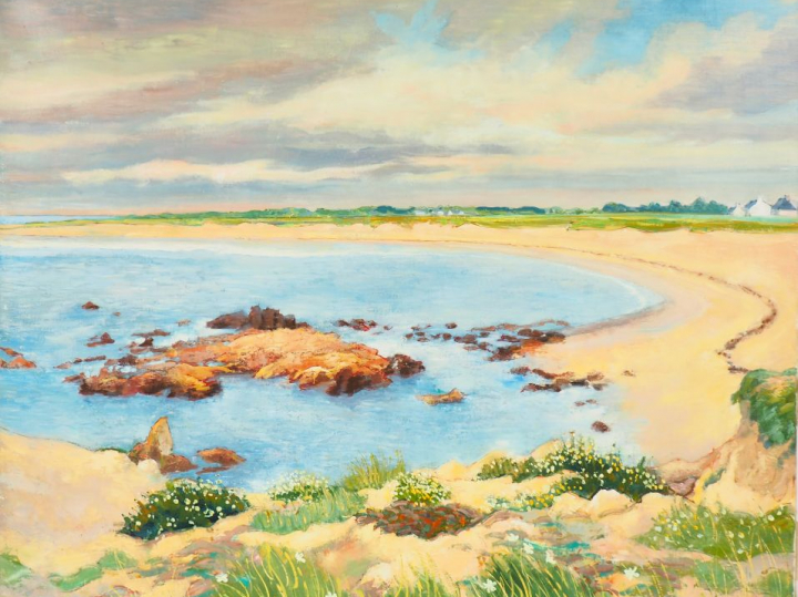 André VIGNOLES. "La plage à la pointe de la torche". Huile sur toile s