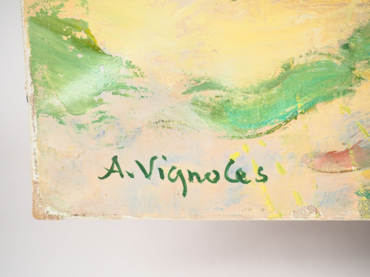 André VIGNOLES. "La plage à la pointe de la torche". Huile sur toile s