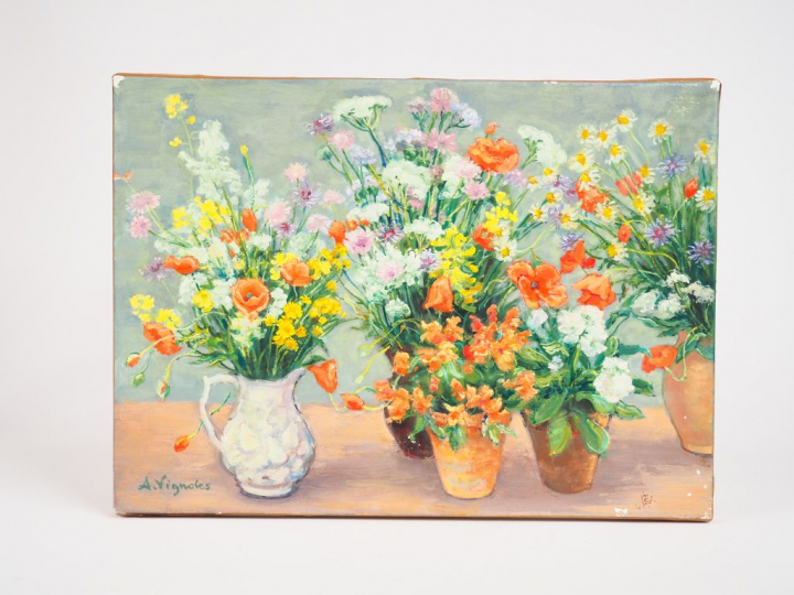 André VIGNOLES. "Fleurs entremêlées". Huile sur toile signée en bas à 