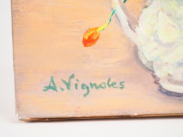 André VIGNOLES. "Fleurs entremêlées". Huile sur toile signée en bas à 