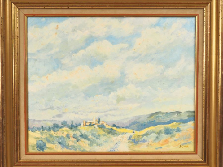J. CARR. "Bergère et son troupeau au milieu des collines". Huile sur t