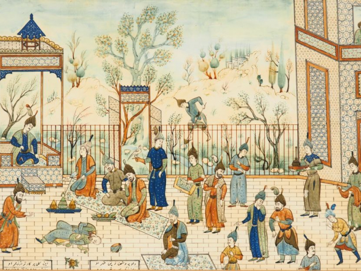 Ecole persane. "La vie à la cour". Peinture. Dim. à vue : 22,7 x 37 cm