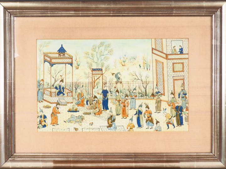 Ecole persane. "La vie à la cour". Peinture. Dim. à vue : 22,7 x 37 cm