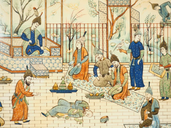 Ecole persane. "La vie à la cour". Peinture. Dim. à vue : 22,7 x 37 cm