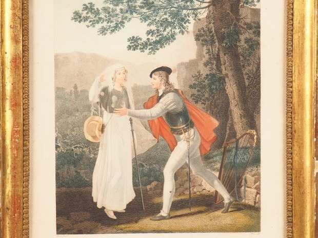 Gravure en couleur XIXème, "la rencontre" dans un cadre en bois doré. 