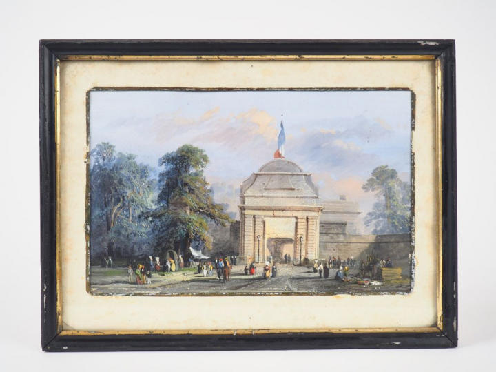 Ecole française XIXème. "Aux portes de la ville". Aquarelle gouachée. 