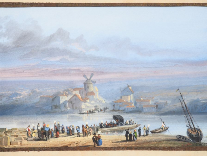 Ecole française XIXème "La traversée du fleuve". Aquarelle gouachée si