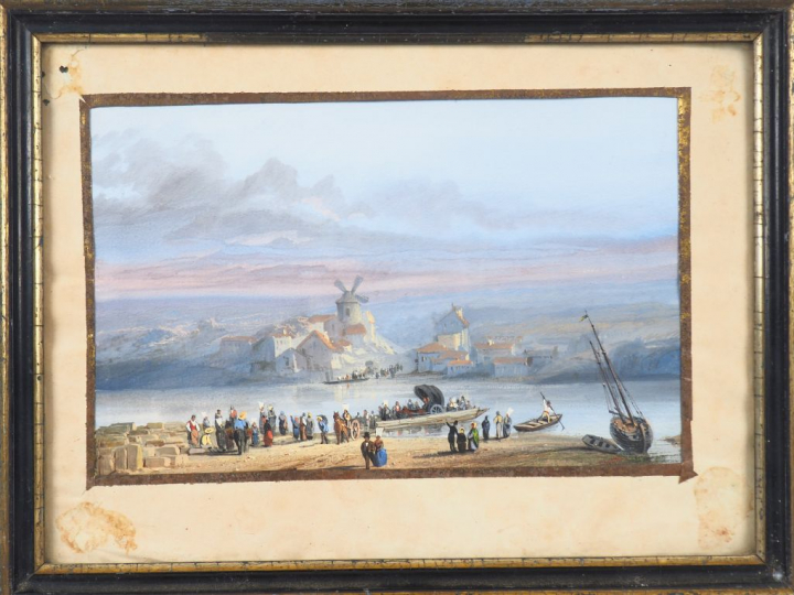 Ecole française XIXème "La traversée du fleuve". Aquarelle gouachée si
