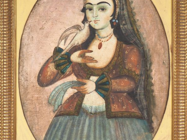 Ecole persane fin XIXème - début Xxème. "Jeune fille à l'oiseau".  Hui