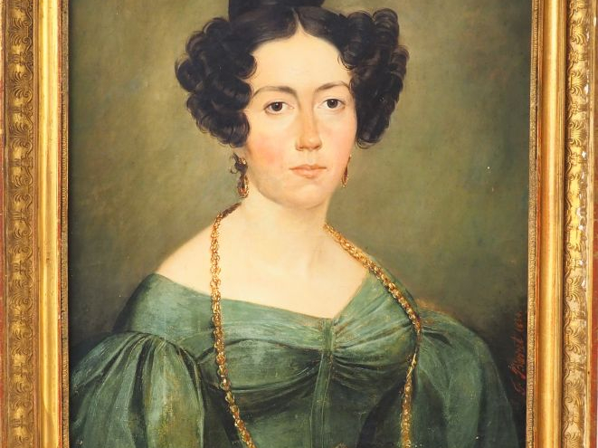 BARRET. "Portrait d'élégante à la robe verte". Huile sur toile, signée