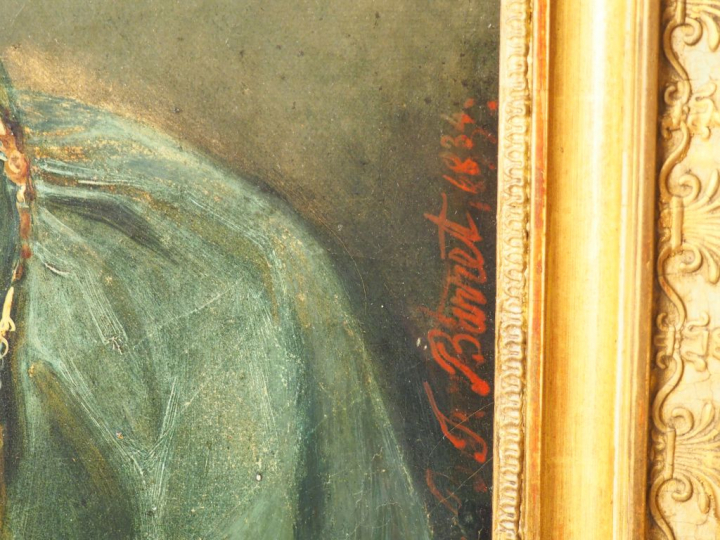 BARRET. "Portrait d'élégante à la robe verte". Huile sur toile, signée