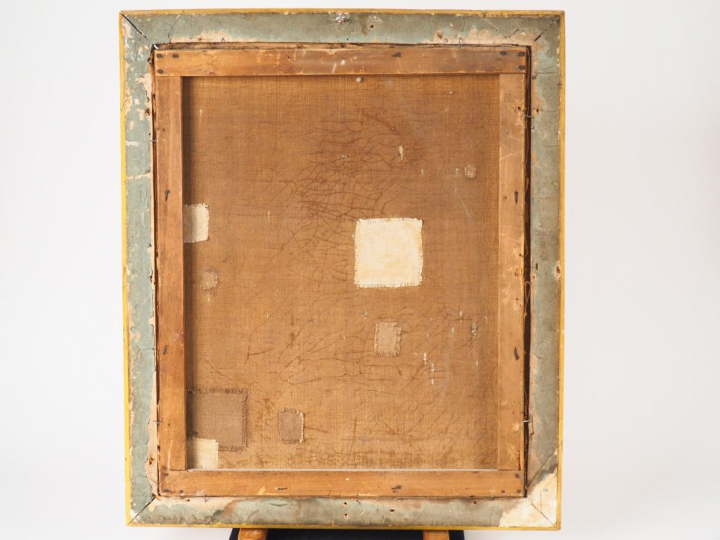 BARRET. "Portrait d'élégante à la robe verte". Huile sur toile, signée