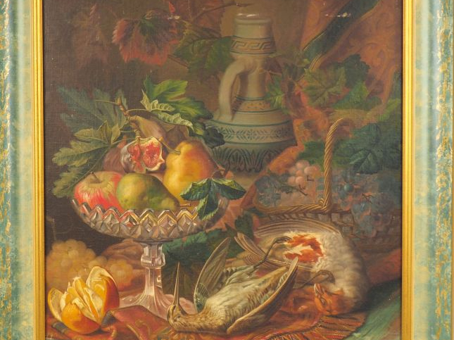 BUSSIERE. "Nature morte aux fruits et au gibier". Huile sur toile sign