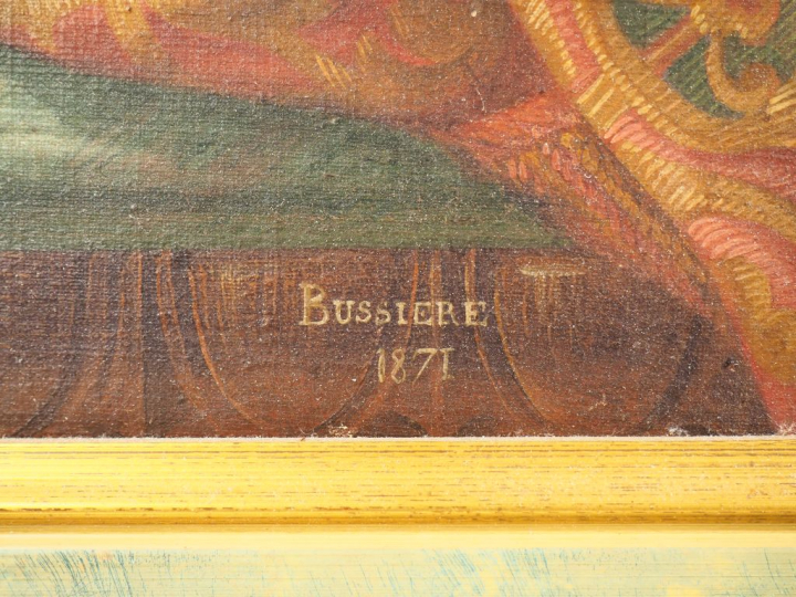 BUSSIERE. "Nature morte aux fruits et au gibier". Huile sur toile sign