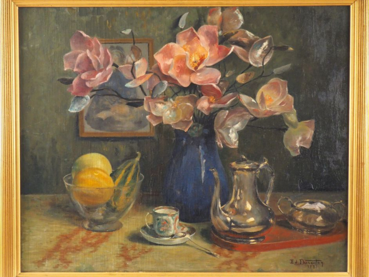 Edouard DURANTON. "Nature morte au bouquet de magniolias". Huile sur t