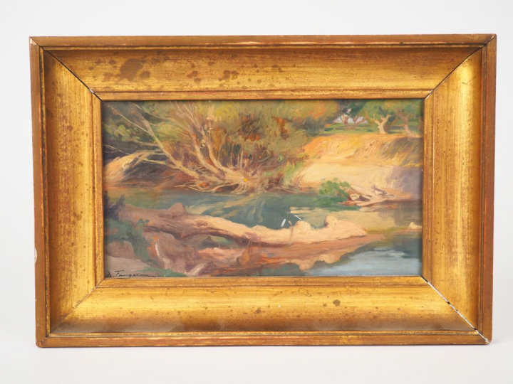 A. FAUGERON. "Bord de rivière". Huile sur panneau, signée en bas à gau
