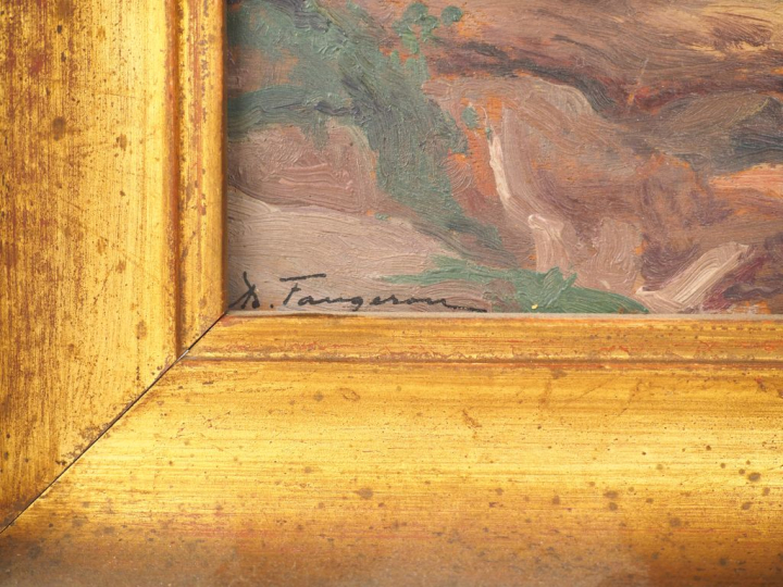 A. FAUGERON. "Bord de rivière". Huile sur panneau, signée en bas à gau