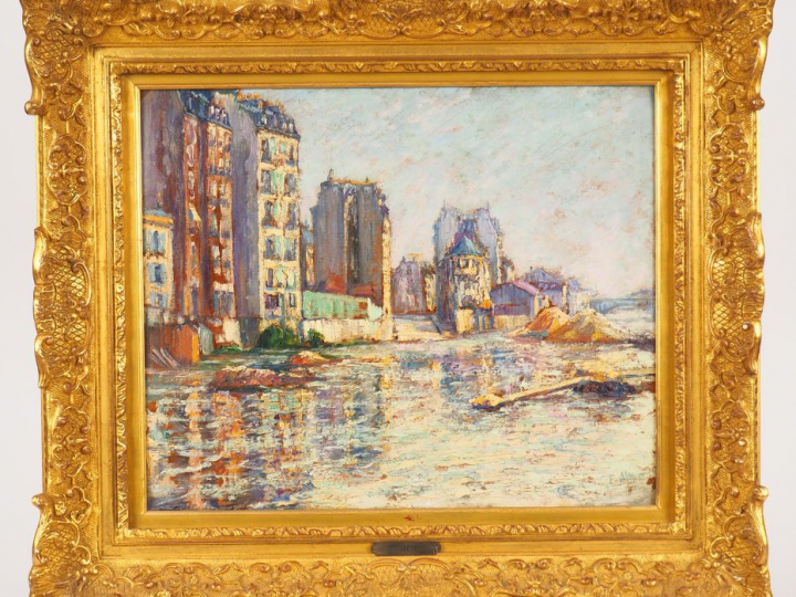 E. MEYER. "Bord de fleuve". Huile sur carton, signée et datée 1922 en 