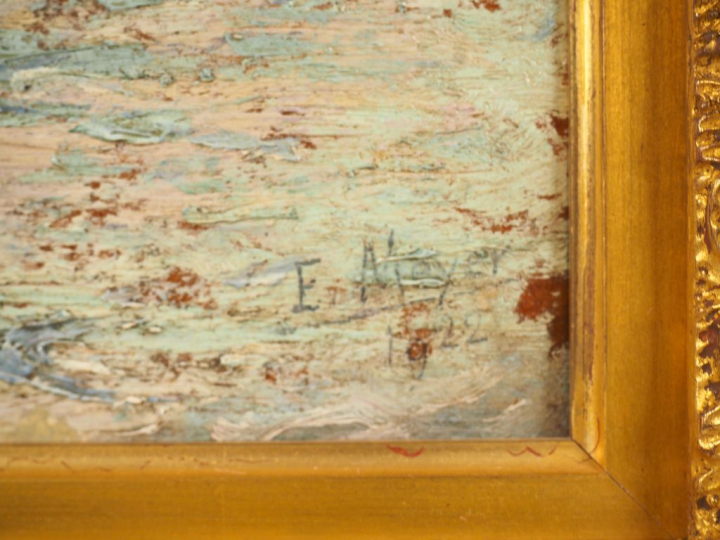 E. MEYER. "Bord de fleuve". Huile sur carton, signée et datée 1922 en 